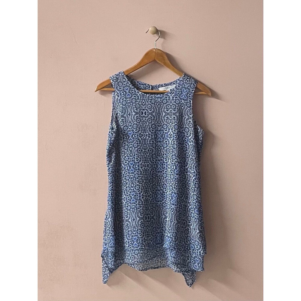 Fever Blue Patterned Tiered Asymmetrical Hem Blouse Size XS